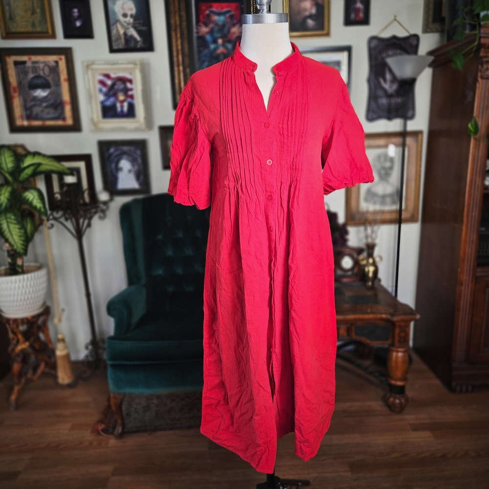 Linen Dress Red Cotton Blend Pleated Front Puff Sleeve Midi Casual Summer Small